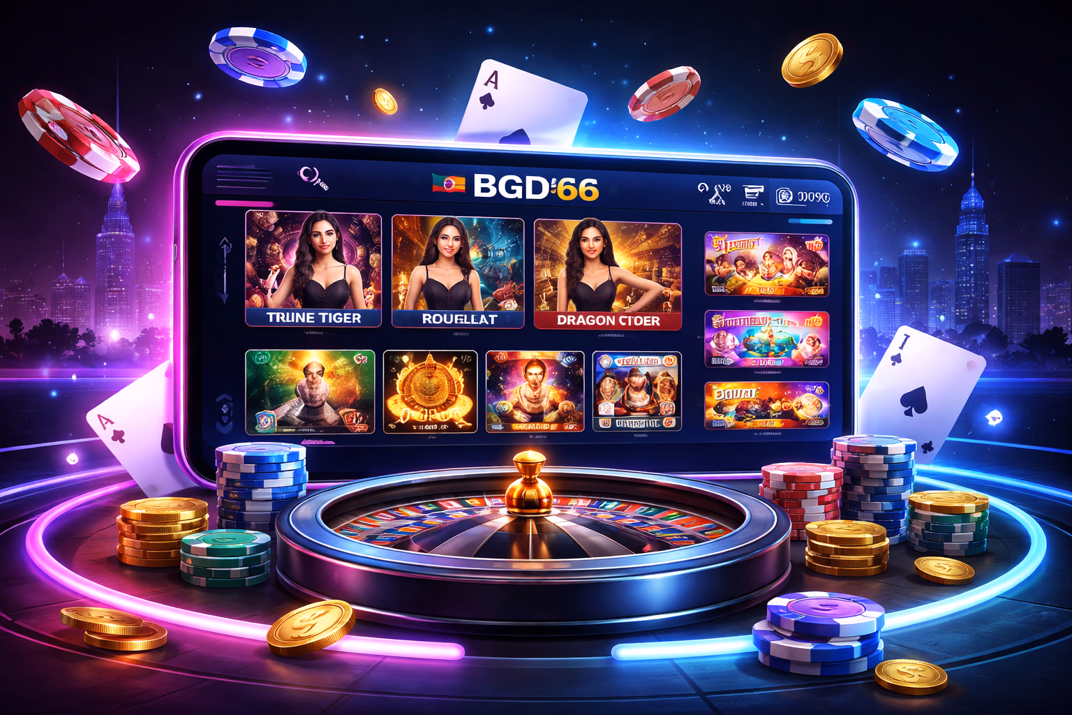 Confident Bengali woman playing on the BGD66 mobile app with vibrant chips and card icons in the background
