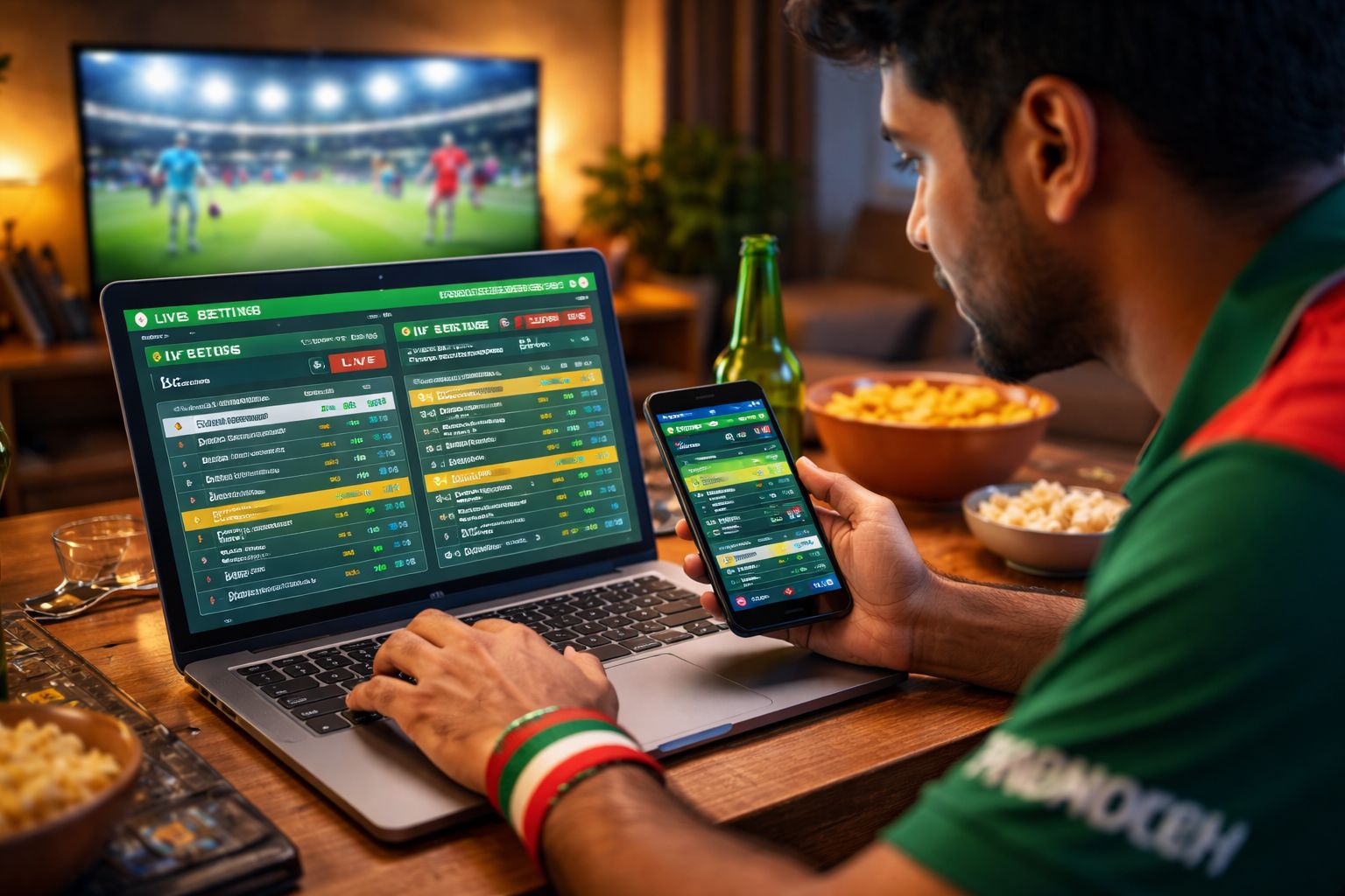 Attentive Bangladeshi punter monitoring cricket odds on laptop with BGD66 sports dashboard open in a bright living room