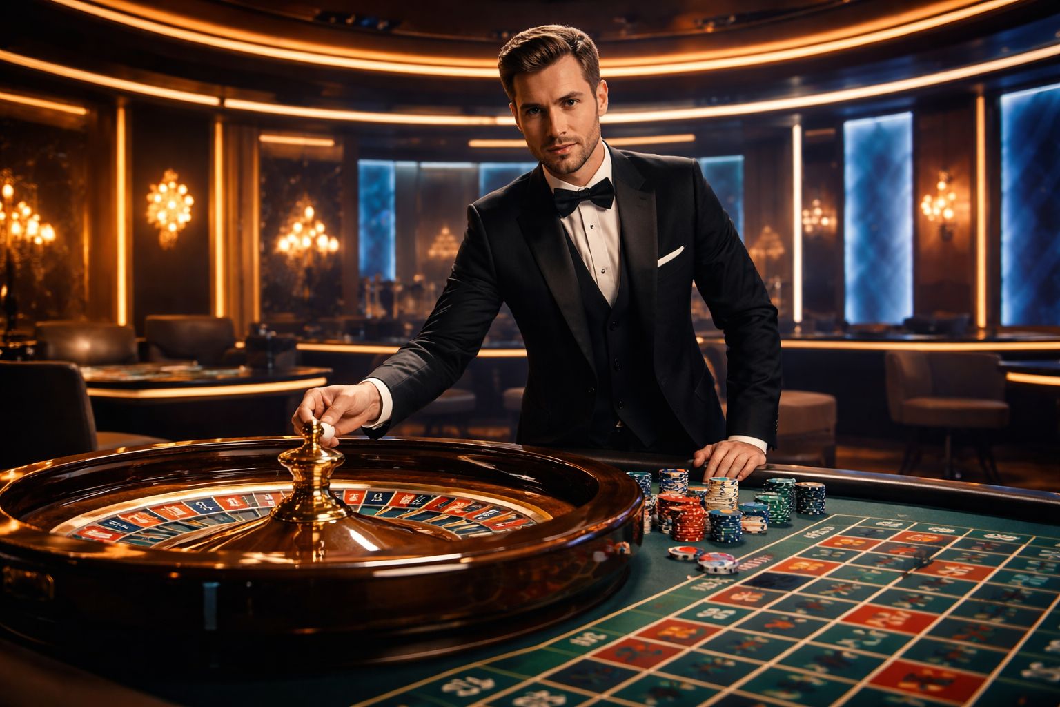 Elegant casino croupier confidently managing a roulette table surrounded by luxurious décor and warm ambient lighting representing the premium play atmosphere of BGD66 in Bangladesh