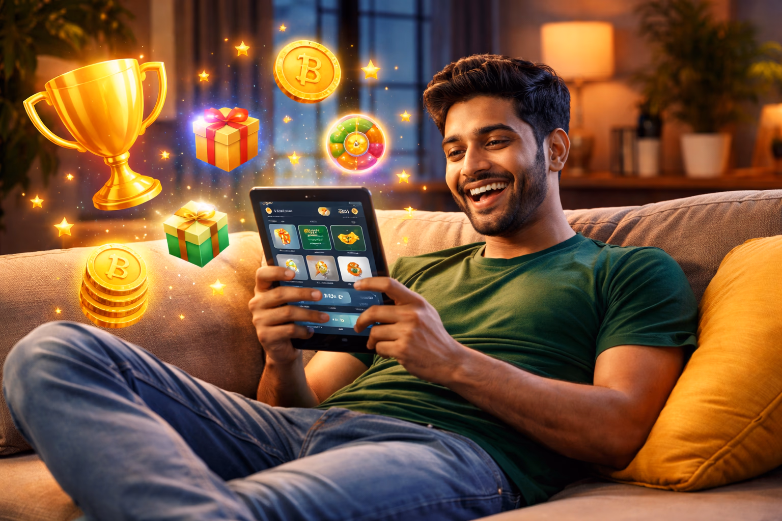 Elegant Bengali gaming host welcoming players to the BGD66 sign-in area with vivid lighting and floating tokens
